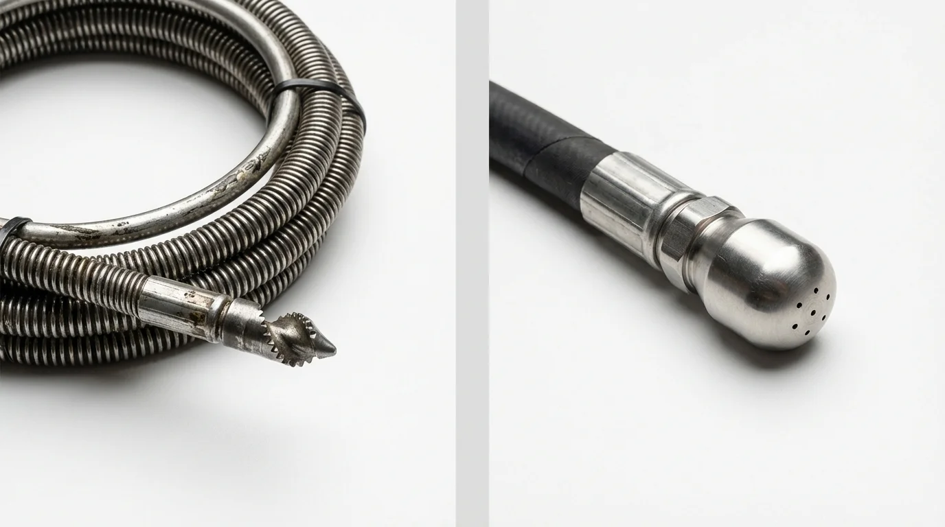 Drain snake cable and hydro jetting nozzle used for drain cleaning in Paris, MO