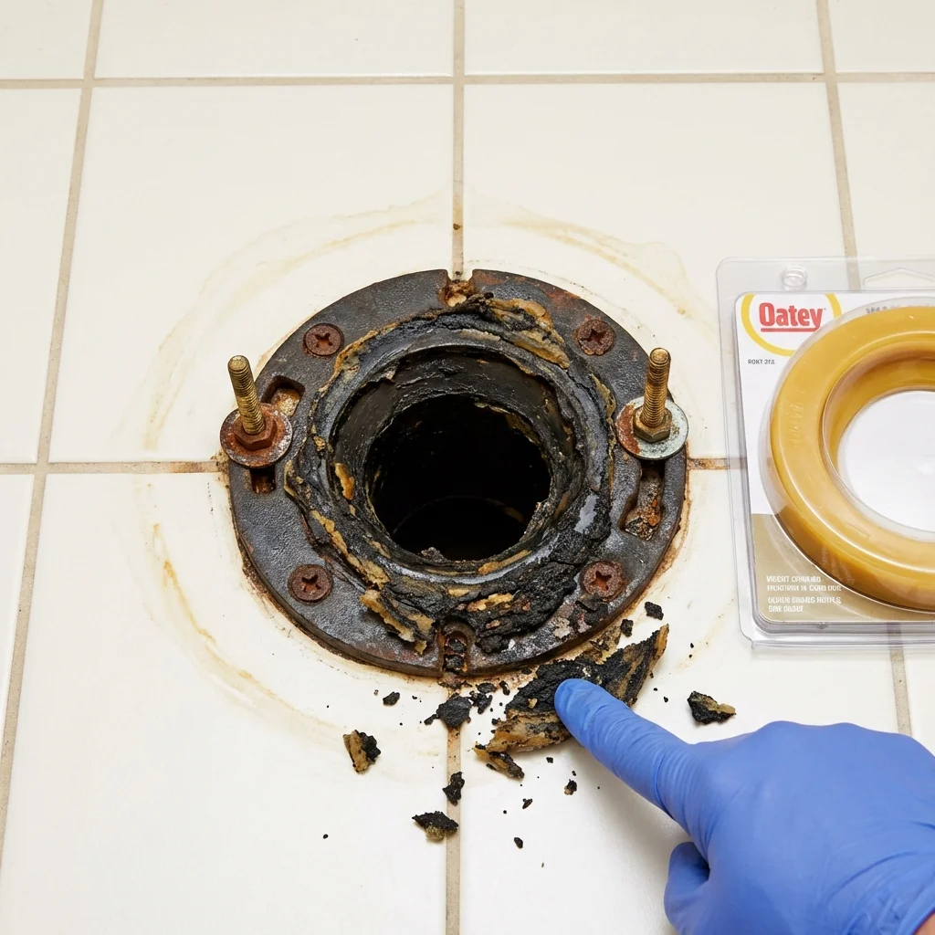 Failed wax ring showing water seepage at the base of a toilet in a Paris, MO home