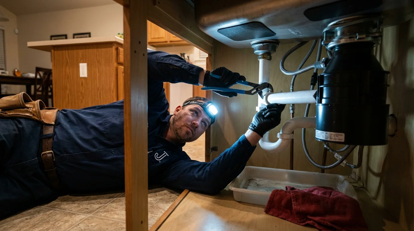 P-trap and supply line connections under a kitchen sink showing a common leak point in Paris, MO